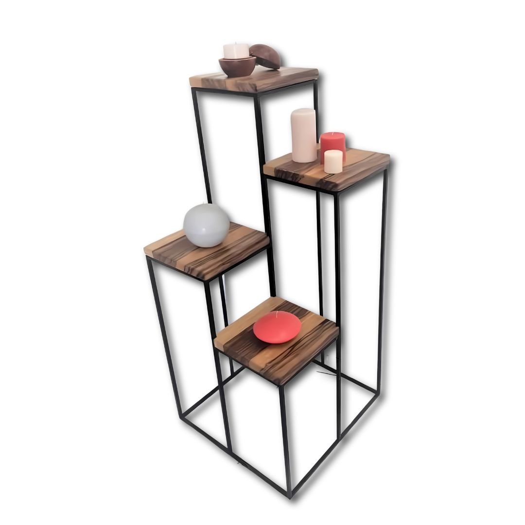 Support plantes d’entrée avec 4 étagères en acier noir EPOXY et bois fraké
