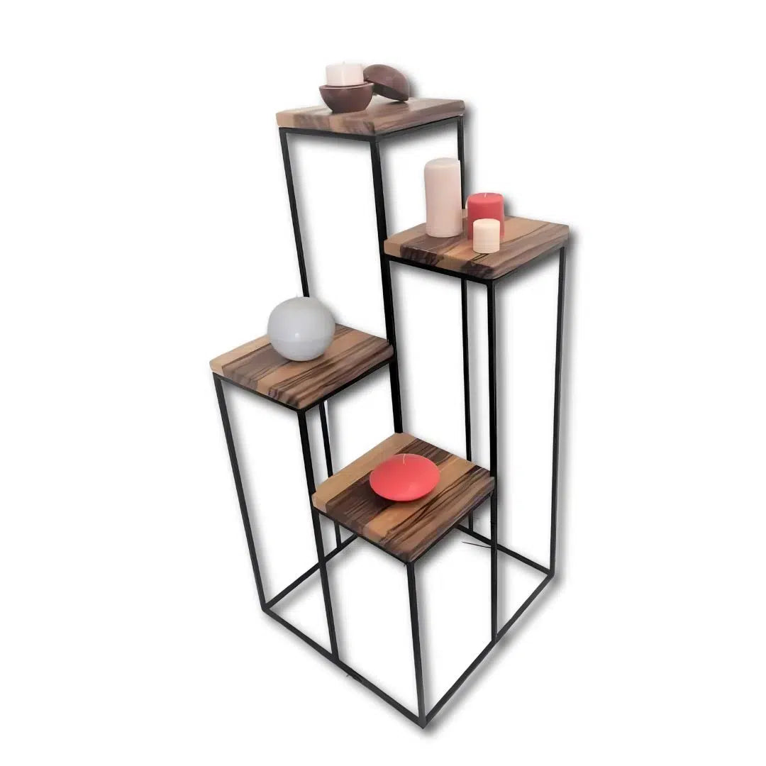 Support plantes d’entrée avec 4 étagères en acier noir EPOXY et bois fraké