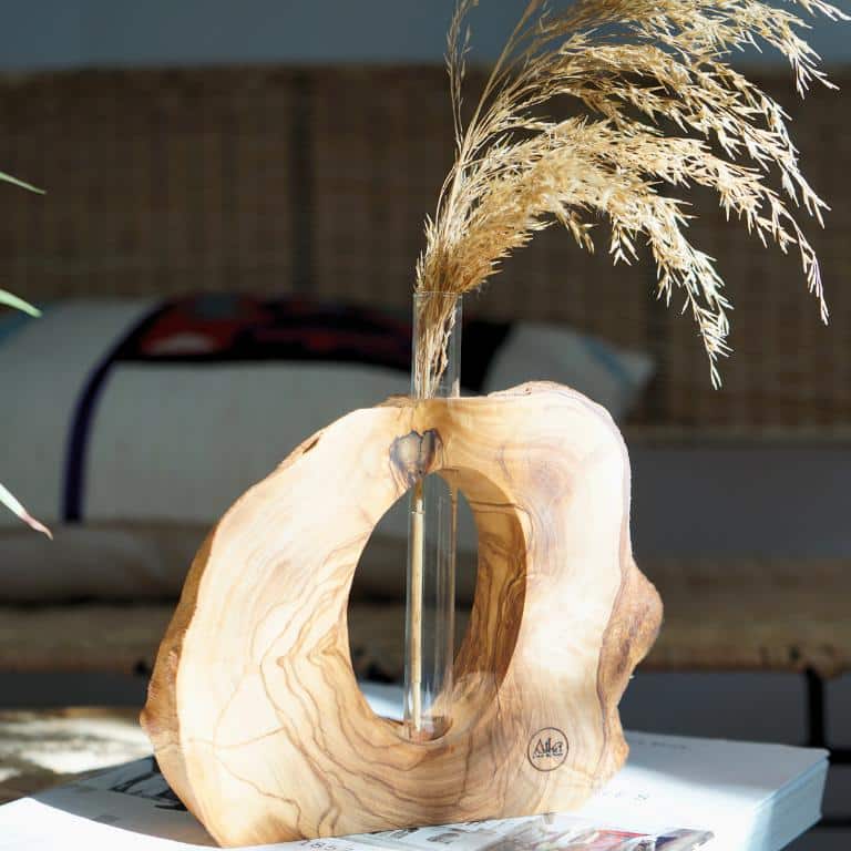 Vase hydroponique en bois d'olivier naturel, artisanal et écoresponsable