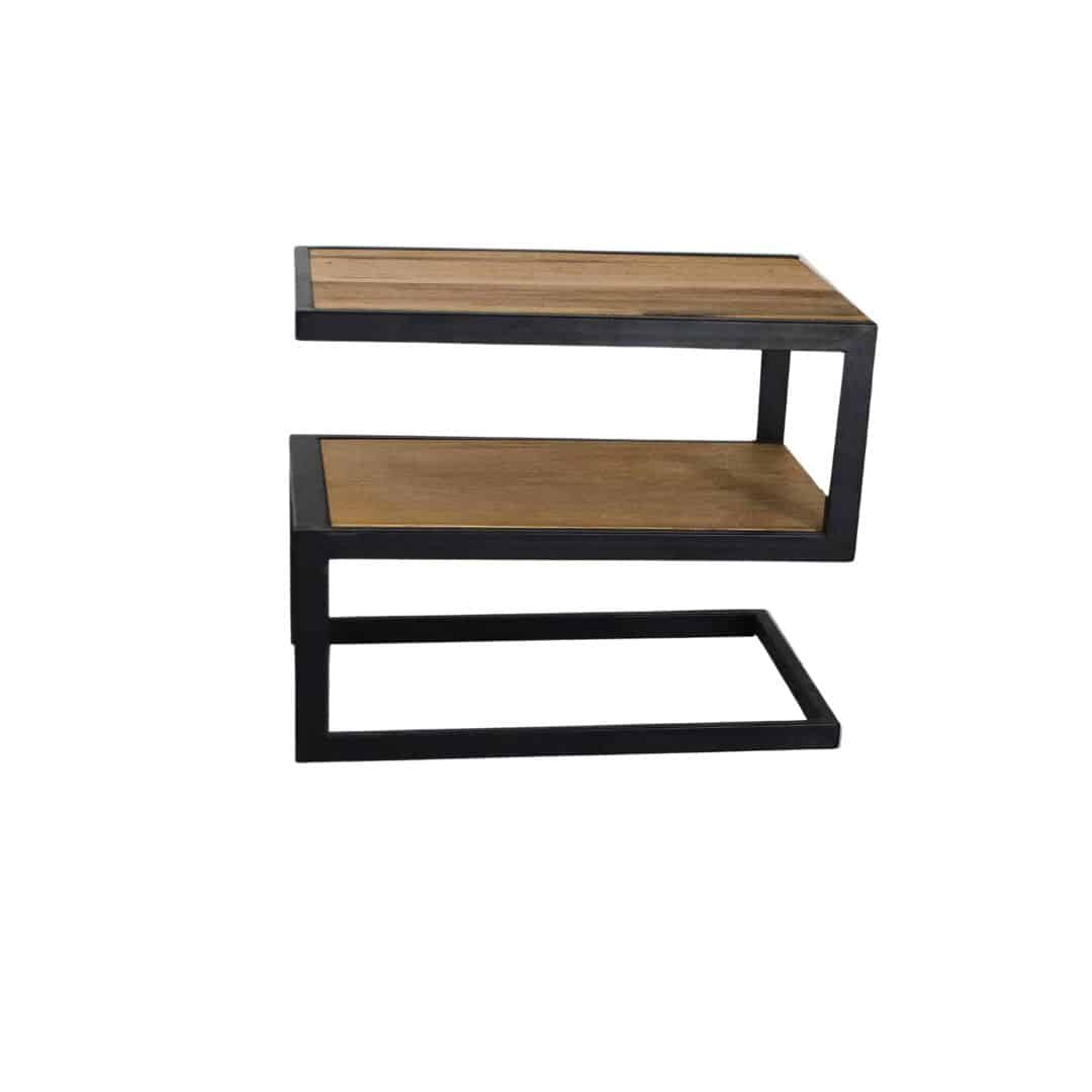 Table basse forme S en bois fraké et acier (50 × 35 × 46 cm)