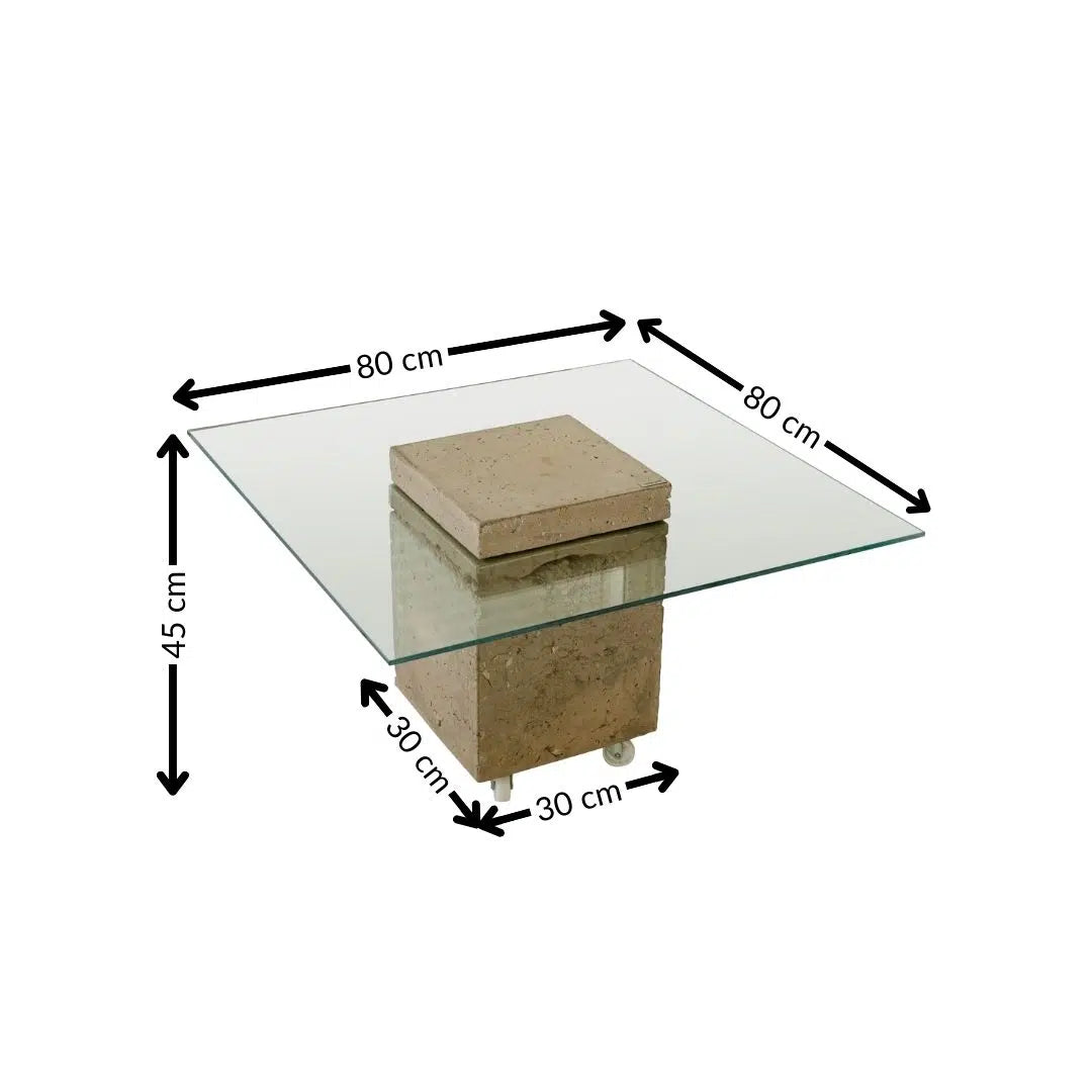 Table flottante avec blocs en béton et plateau en verre suspendu