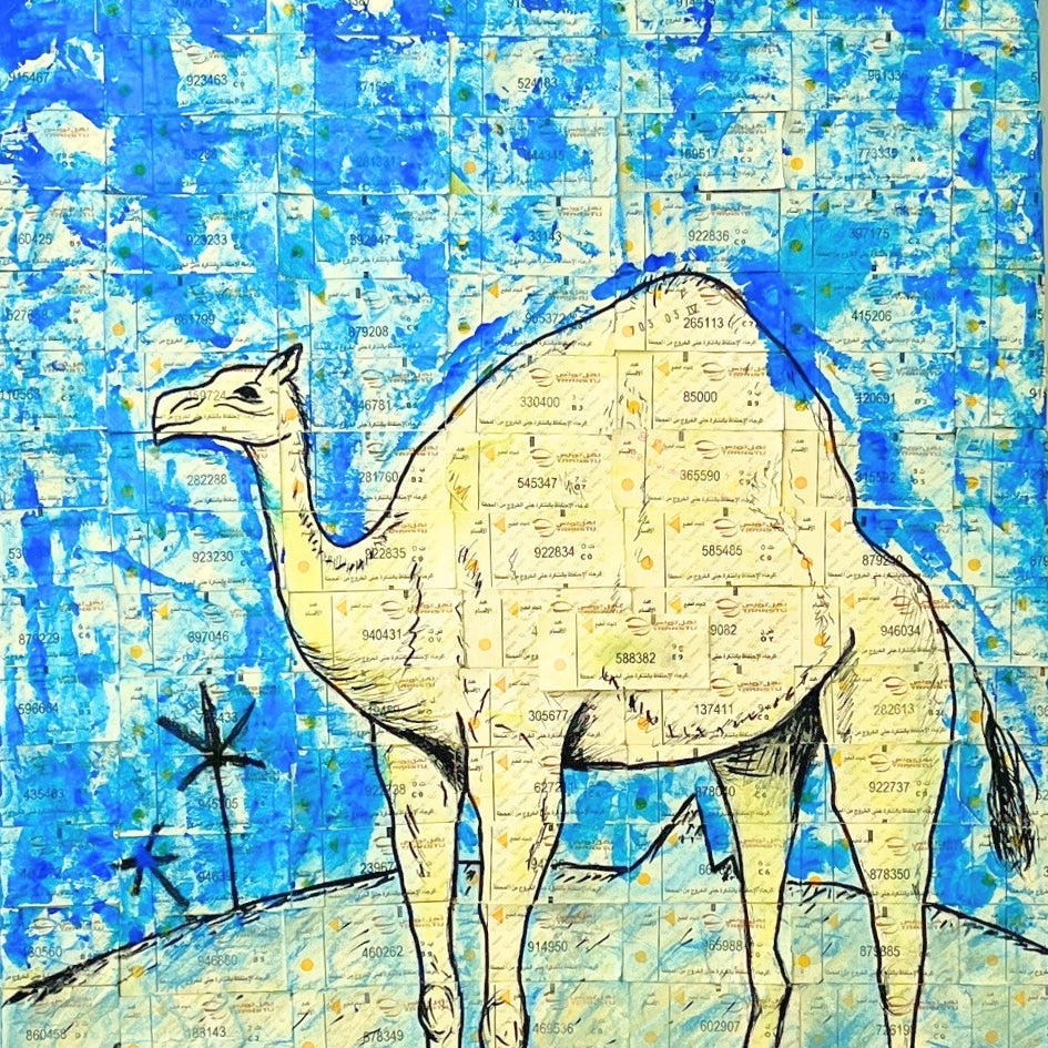 Tableau "Camel" Collage Ticket de Transport & Fusain
