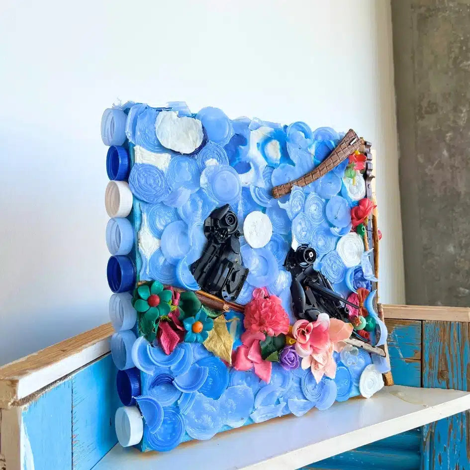 Tableau Recyclé – Deux Oiseaux sur une Branche