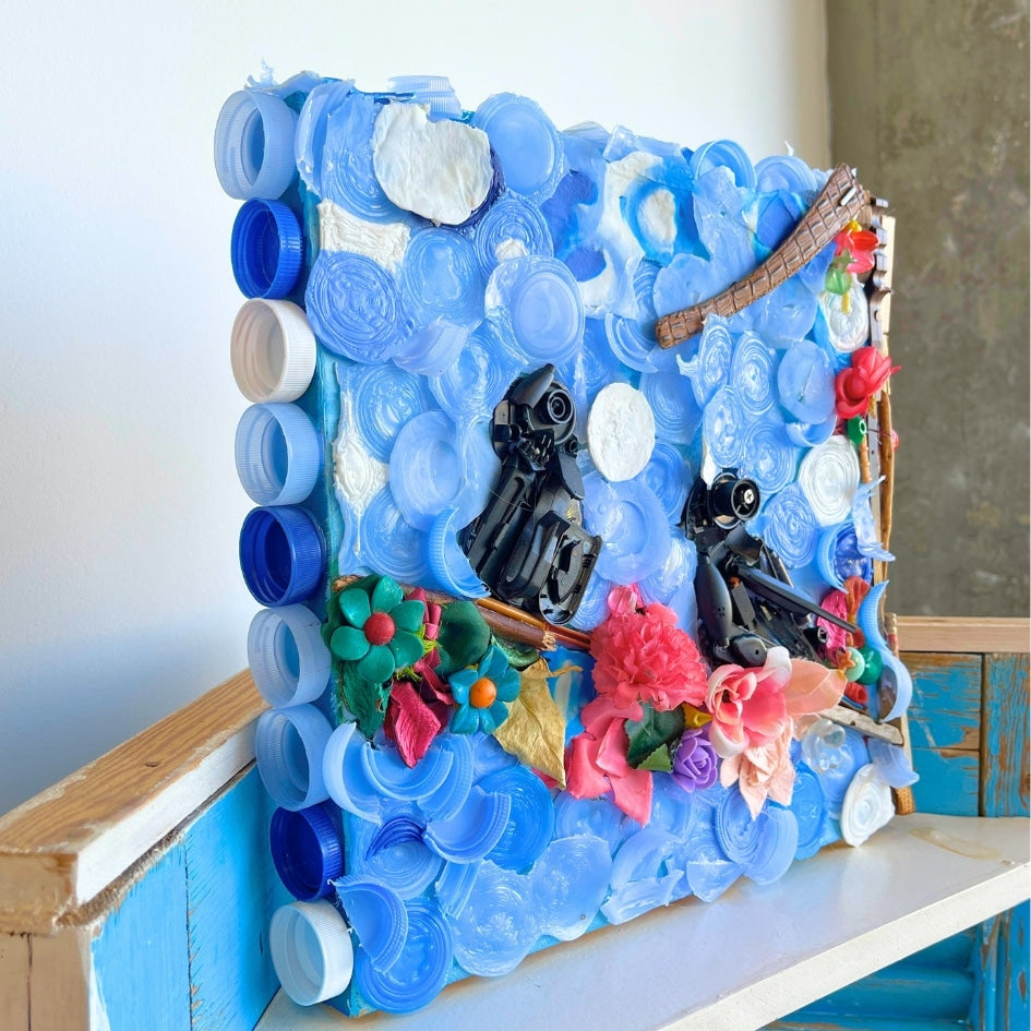 Tableau Recyclé – Deux Oiseaux sur une Branche