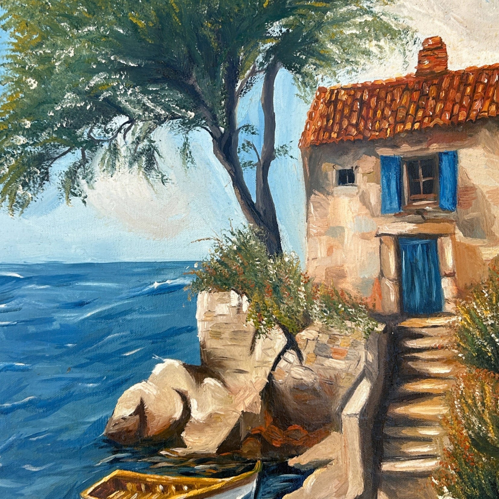 Tableau à l’huile maison au bord des vagues