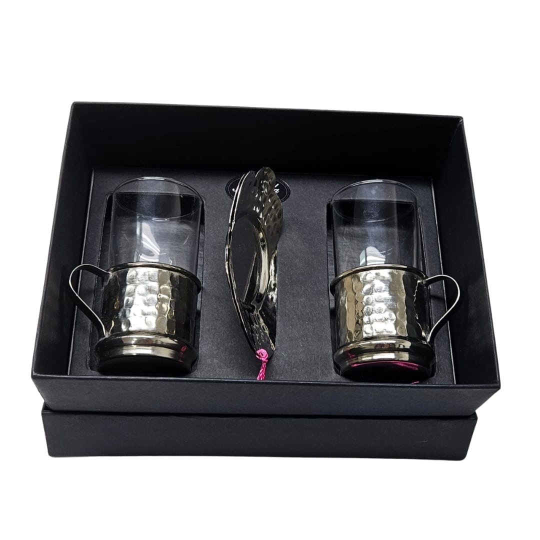 Service à Thé Traditionnel Fait Main - 2 Tasses en Verre avec Porte-Tasse en Cuivre