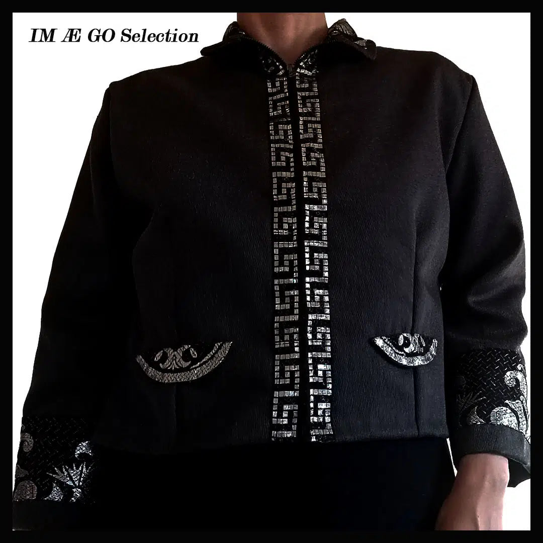 Veste grise courte en coton et laine, design argenté, pièce unique faite à la main