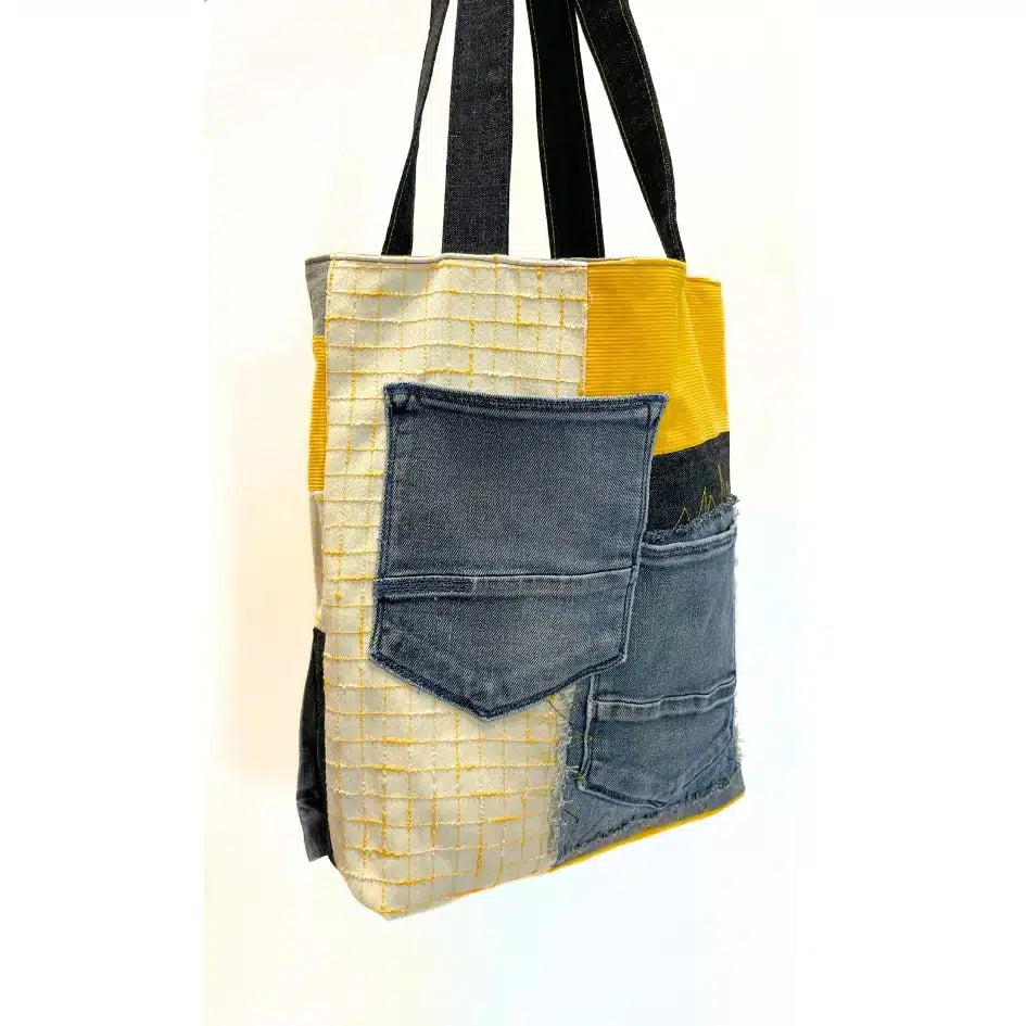 Tote Bag en Tissus Upcyclé - Jean Revalorisé, velours côtelé et tissu à carreaux