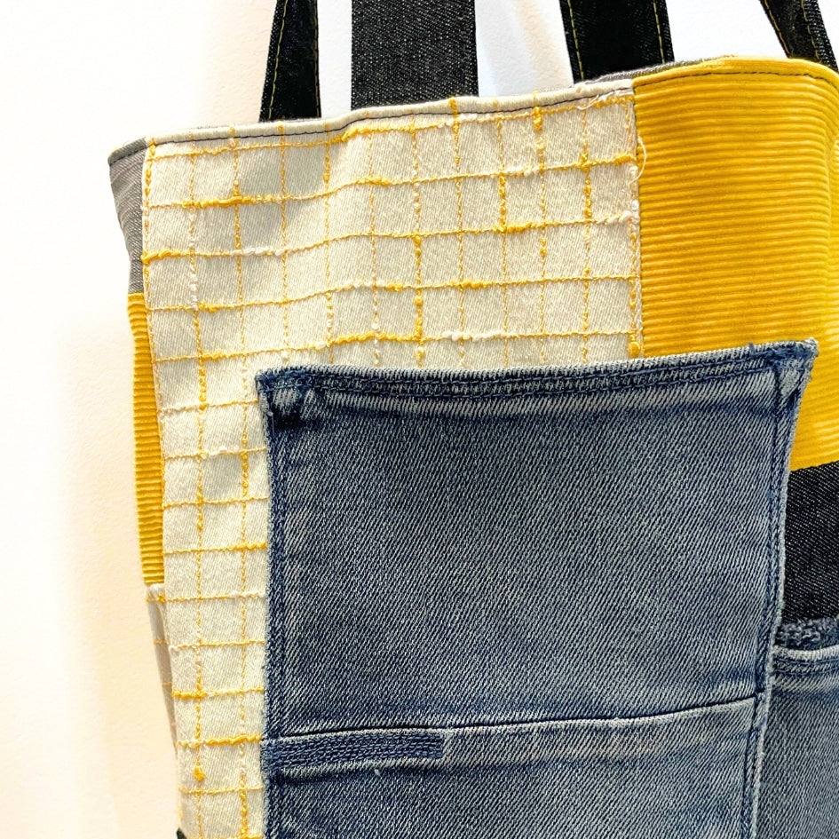 Tote Bag en Tissus Upcyclé - Jean Revalorisé, velours côtelé et tissu à carreaux