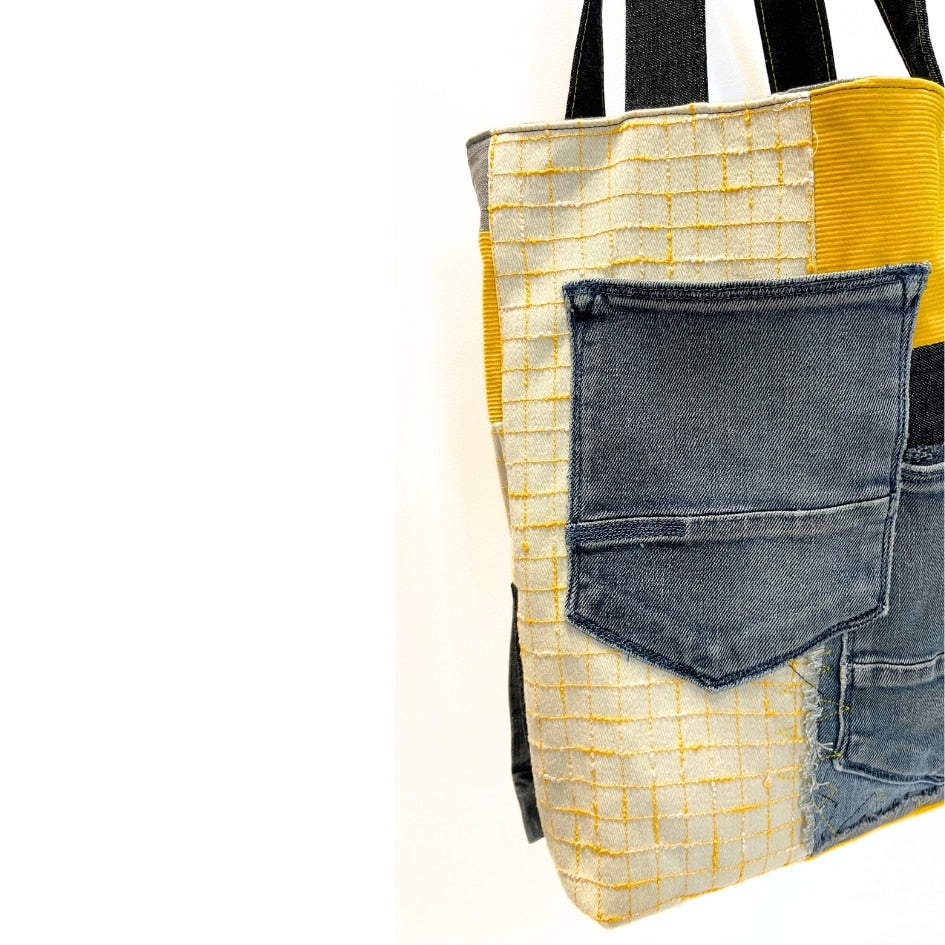 Tote Bag en Tissus Upcyclé - Jean Revalorisé, velours côtelé et tissu à carreaux