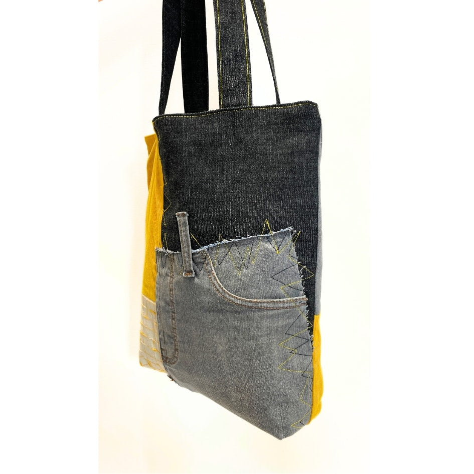 Tote Bag en Tissus Upcyclé - Jean Revalorisé, velours côtelé et tissu à carreaux