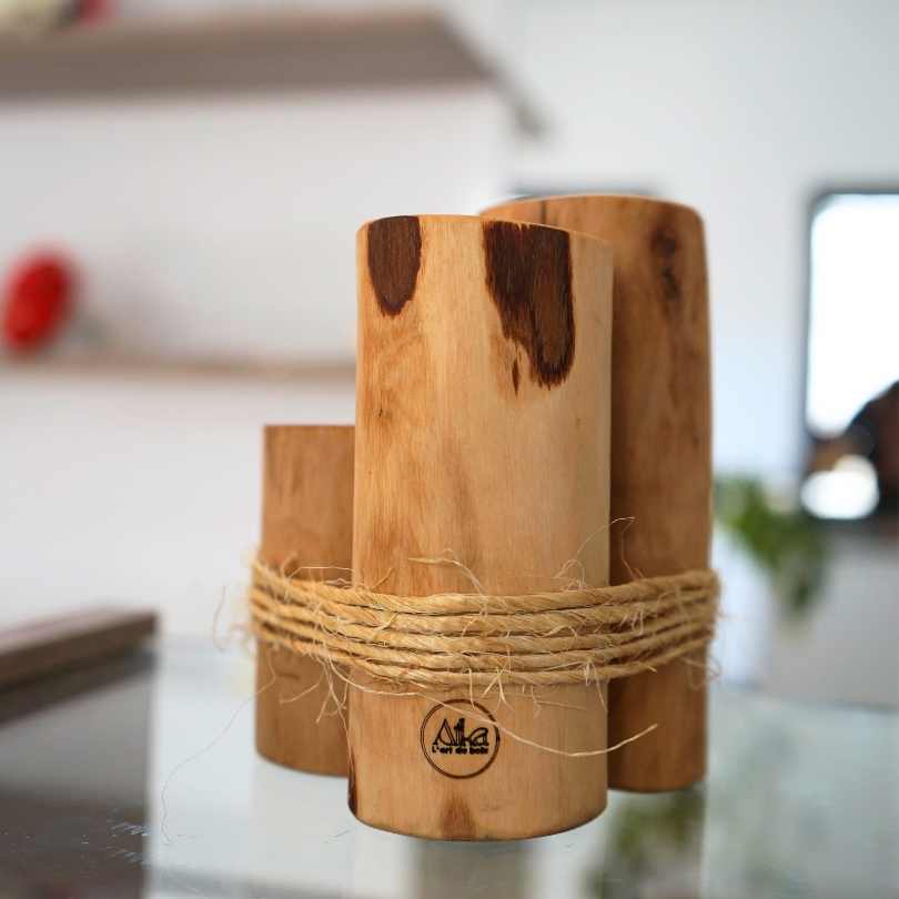 Trio of candle holders assembled in 100% natural Tunisian olive wood