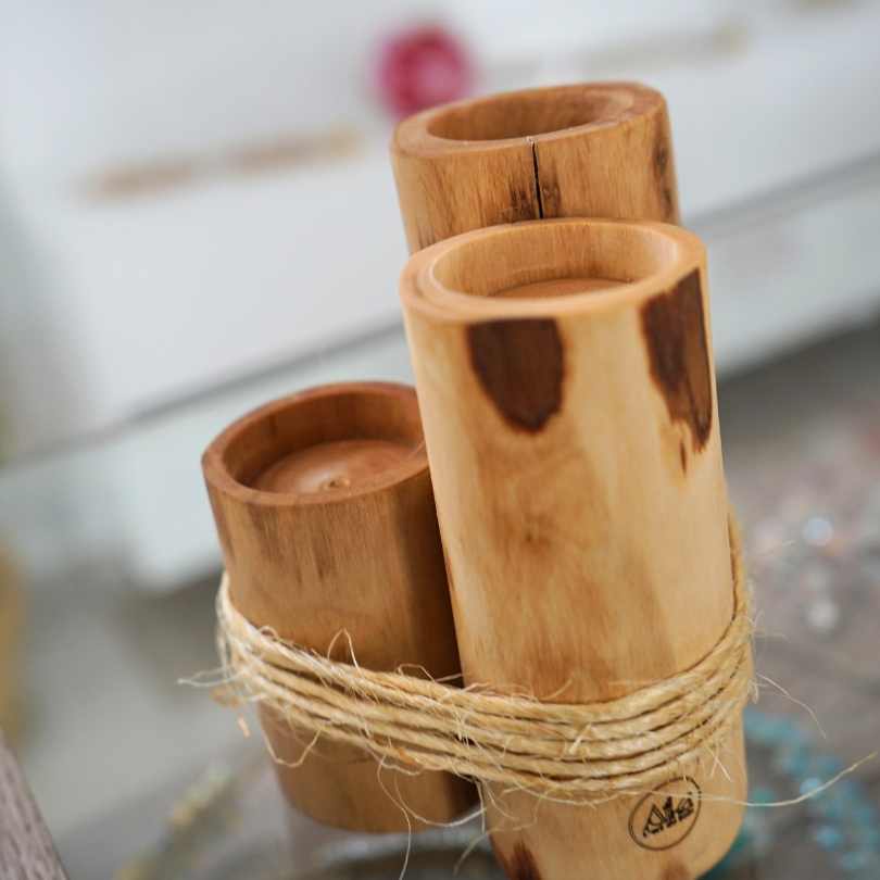 Trio of candle holders assembled in 100% natural Tunisian olive wood