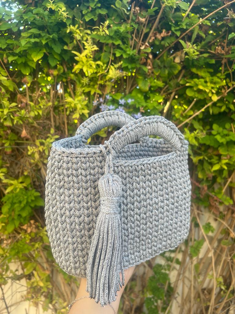 gray handmade crochet bag