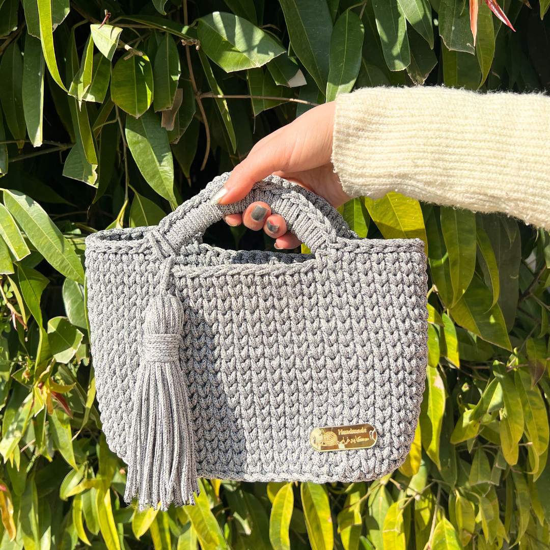 gray handmade crochet bag