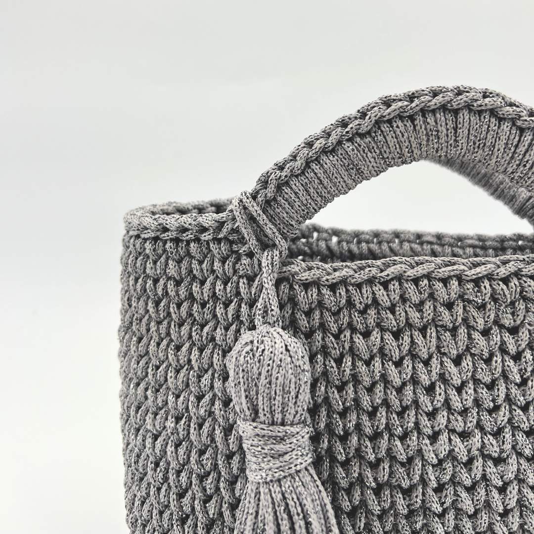 gray handmade crochet bag