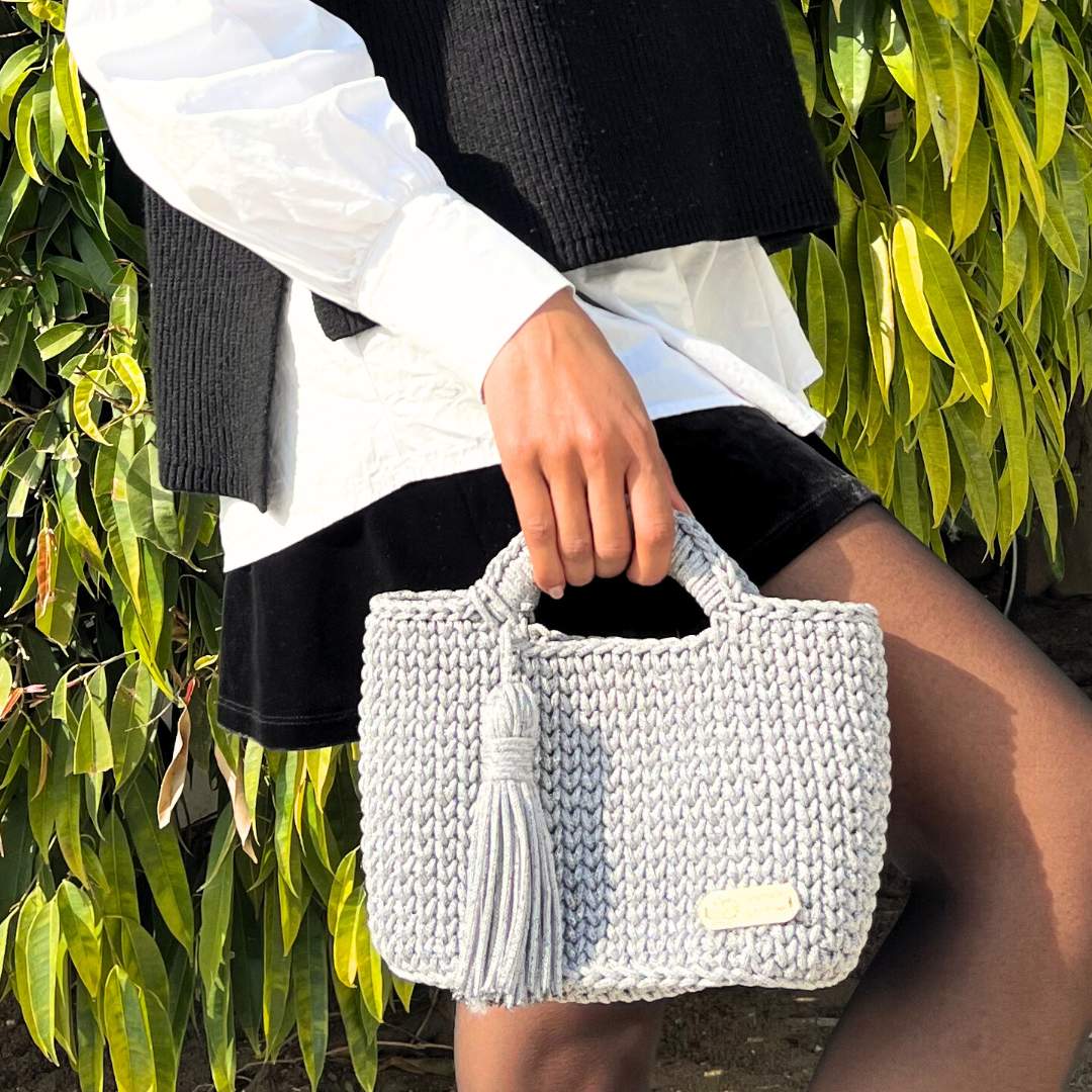 gray handmade crochet bag