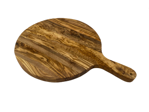 olivewood round pizza board with handle