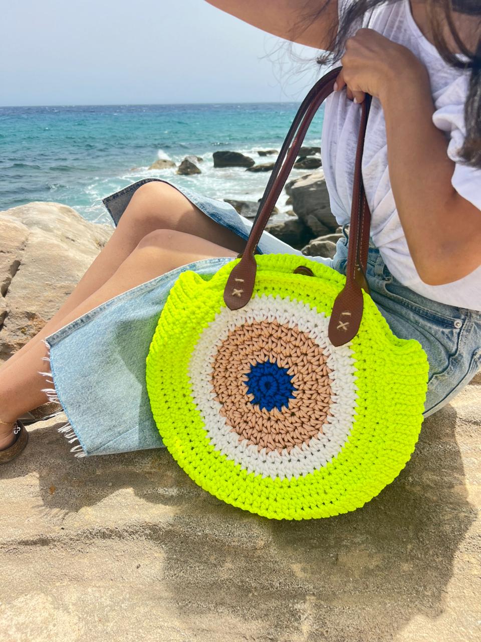 sac oeil en crochet jaune fluo handmade