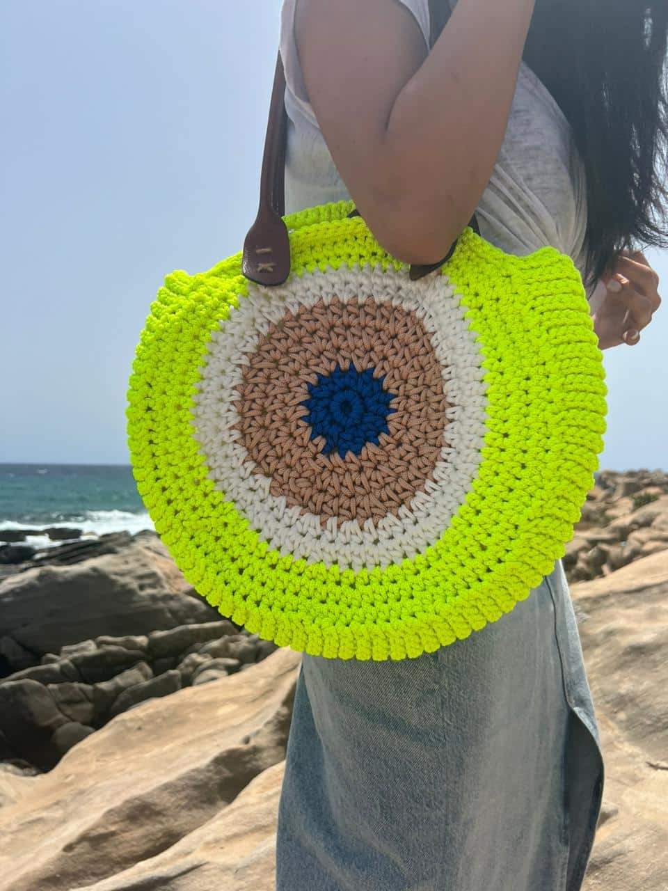 sac oeil en crochet jaune fluo handmade