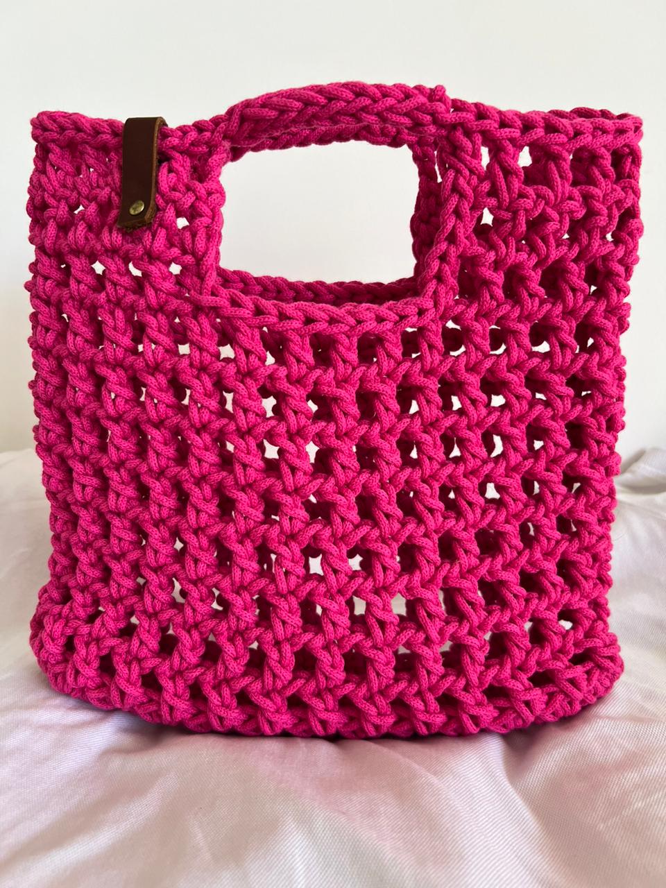 Tote bag filet rose en crochet fait-main