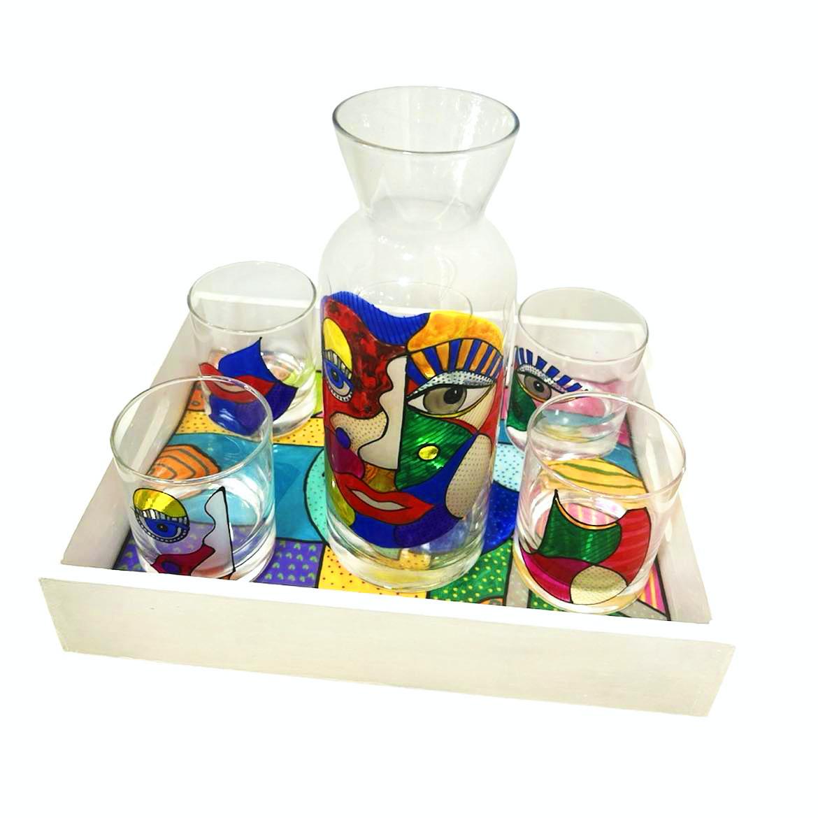 Set de 6 Verres et carafe Colorés - Visages Cubistes Modernes