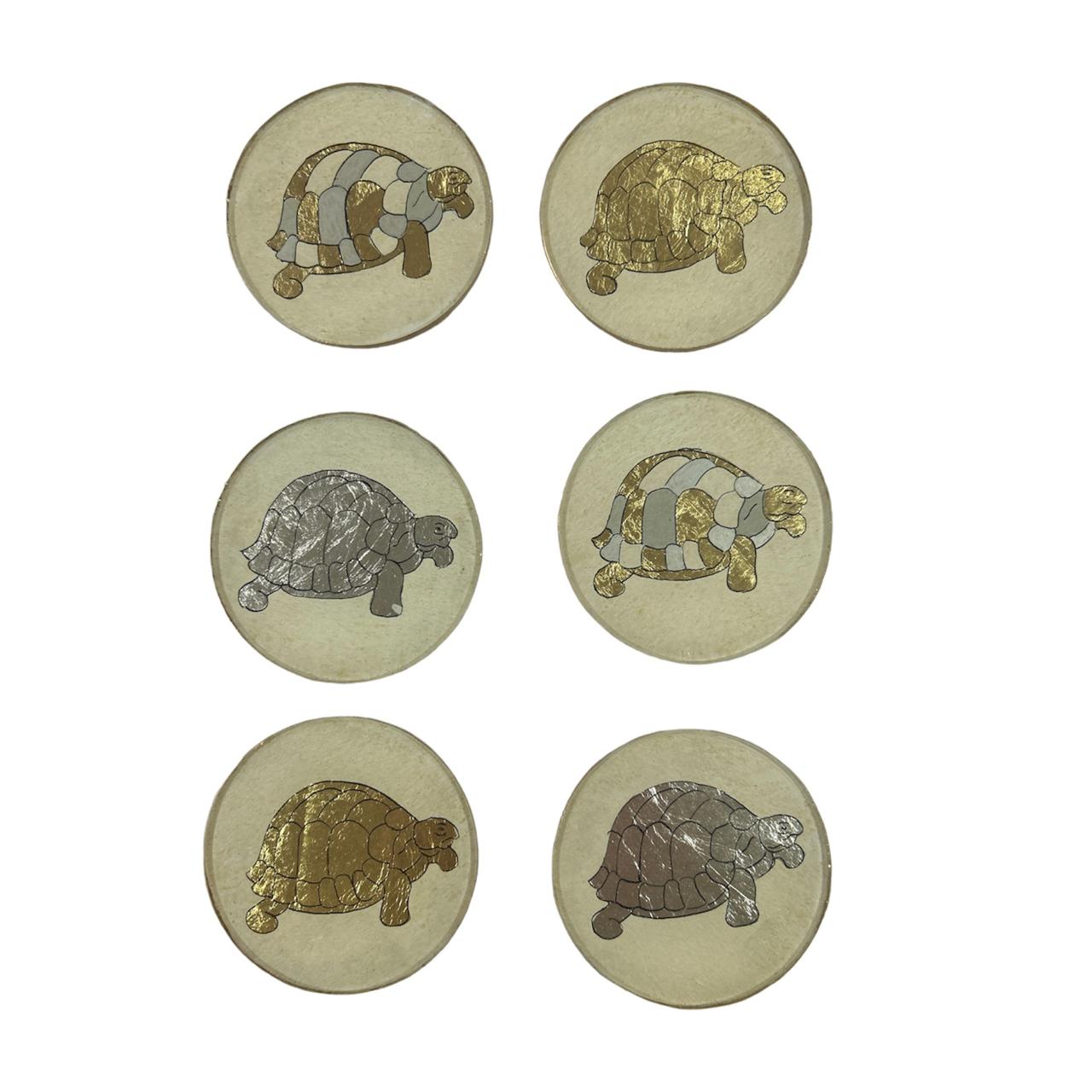 Coffret précieux - 6 dessous de verre " TORTUES " - Feuille d'or et d'argent