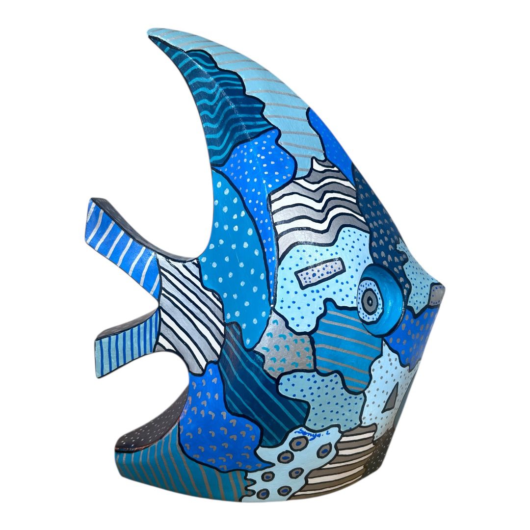 Poisson Contemporain "Bleu de Mer" sculpture en résine peinte à la main – Pièce unique