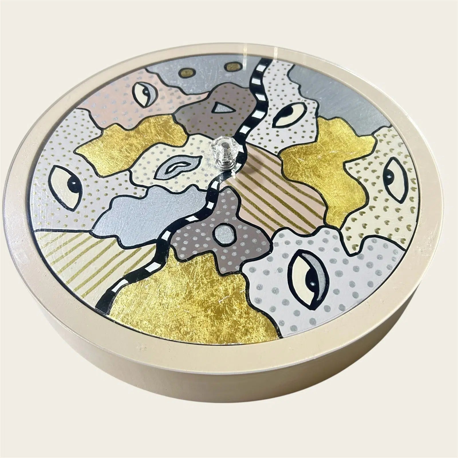 Boite en bois avec couvercle en plexi - Pièce artistique peinte à la main- Motifs beige et doré