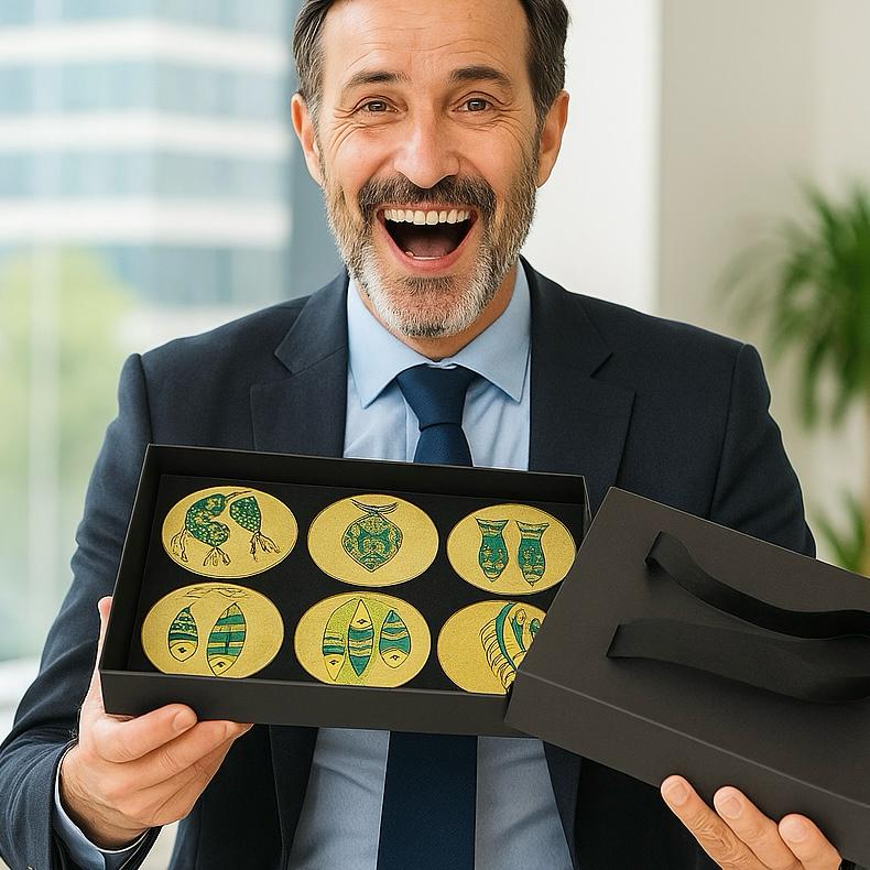 Coffret 6 sous-tasses artisanales à la feuille d’or " POISSON BLEUS "