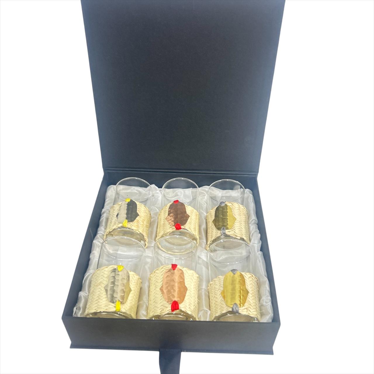 Coffret -de 6 verres à thé khomsa - Paille et cuivre 3 couleurs