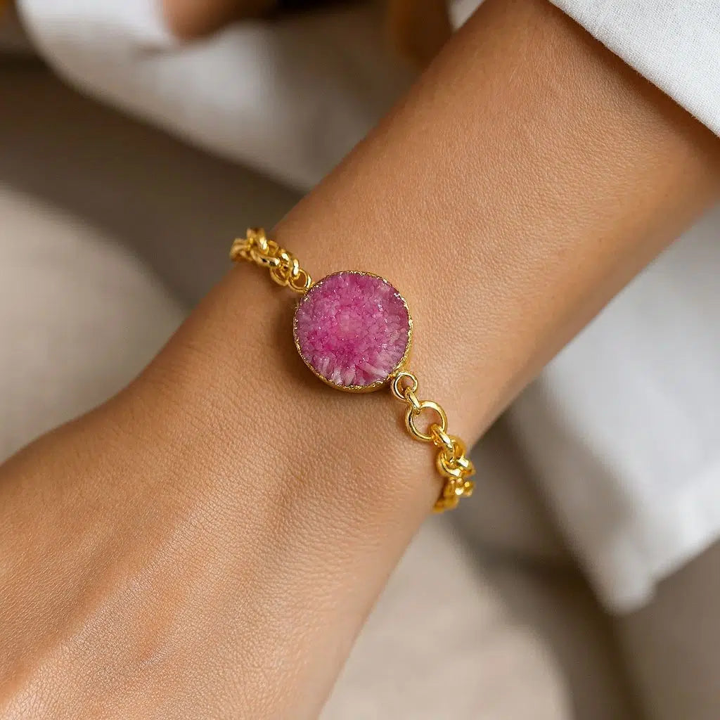 Bracelet QUARTZ rose et chaine dorée