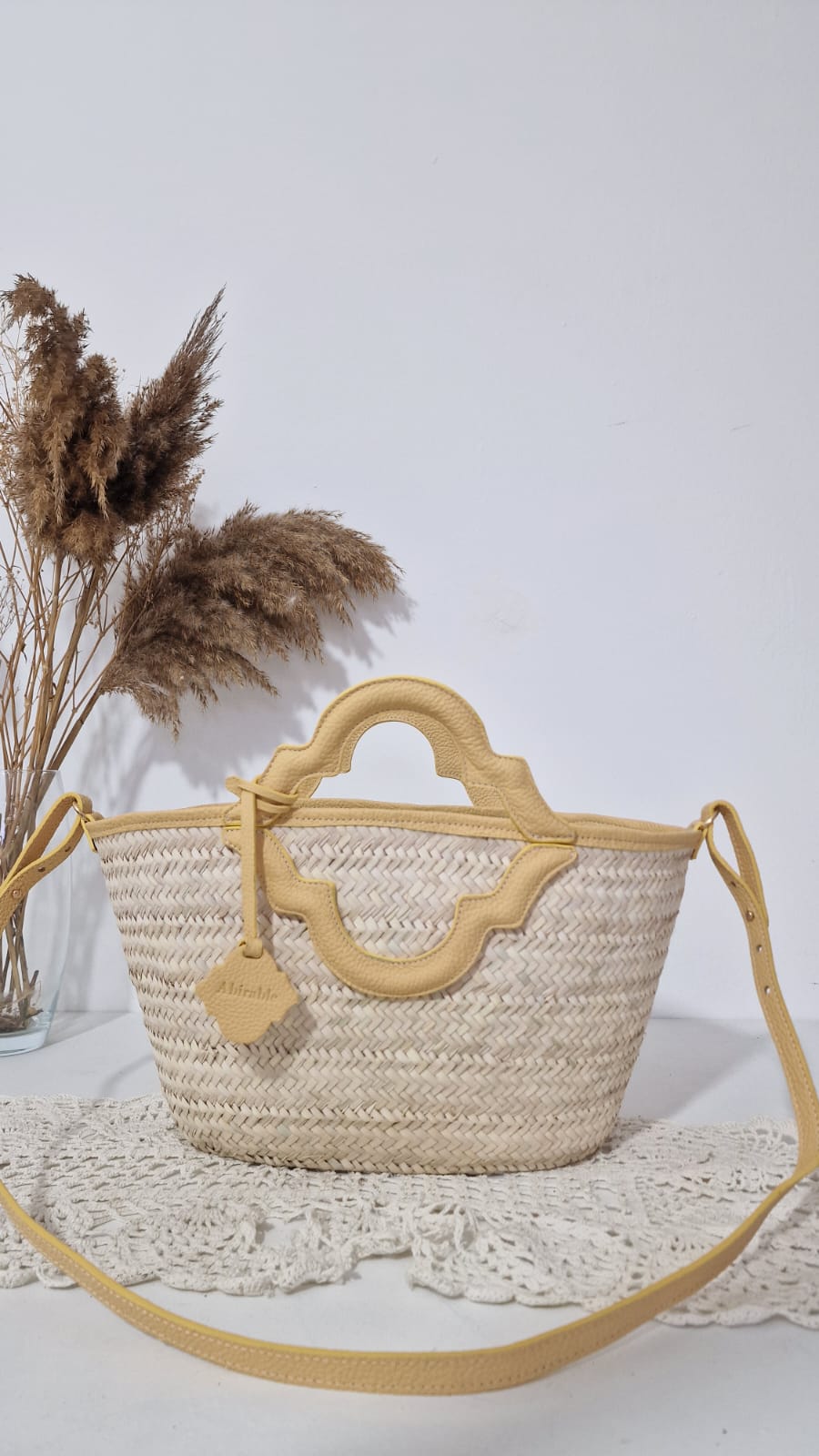 Couffin en palmier et véritable cuir Jaune