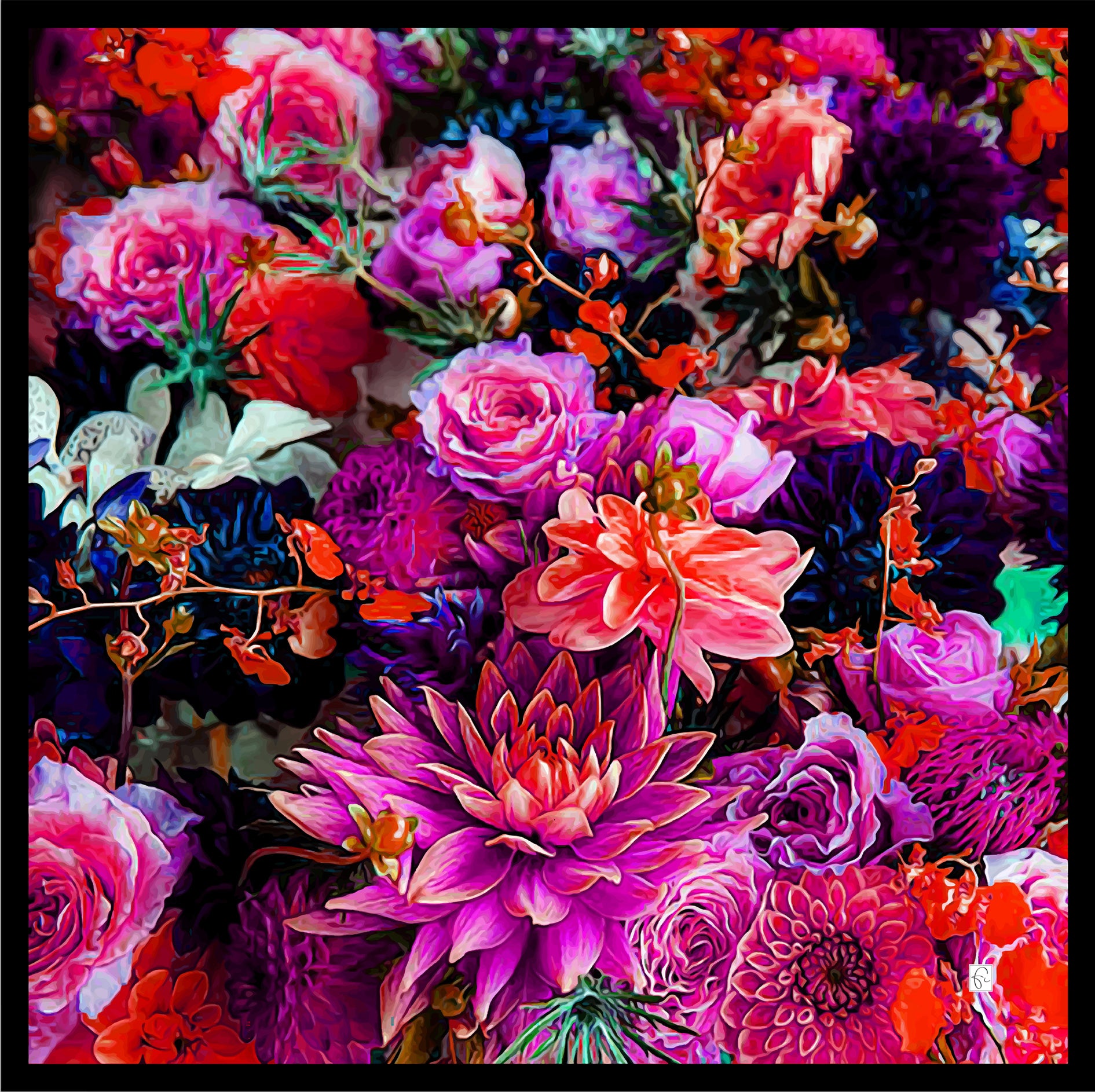 Foulard florale Noir en soie naturelle "Flattering infinity"