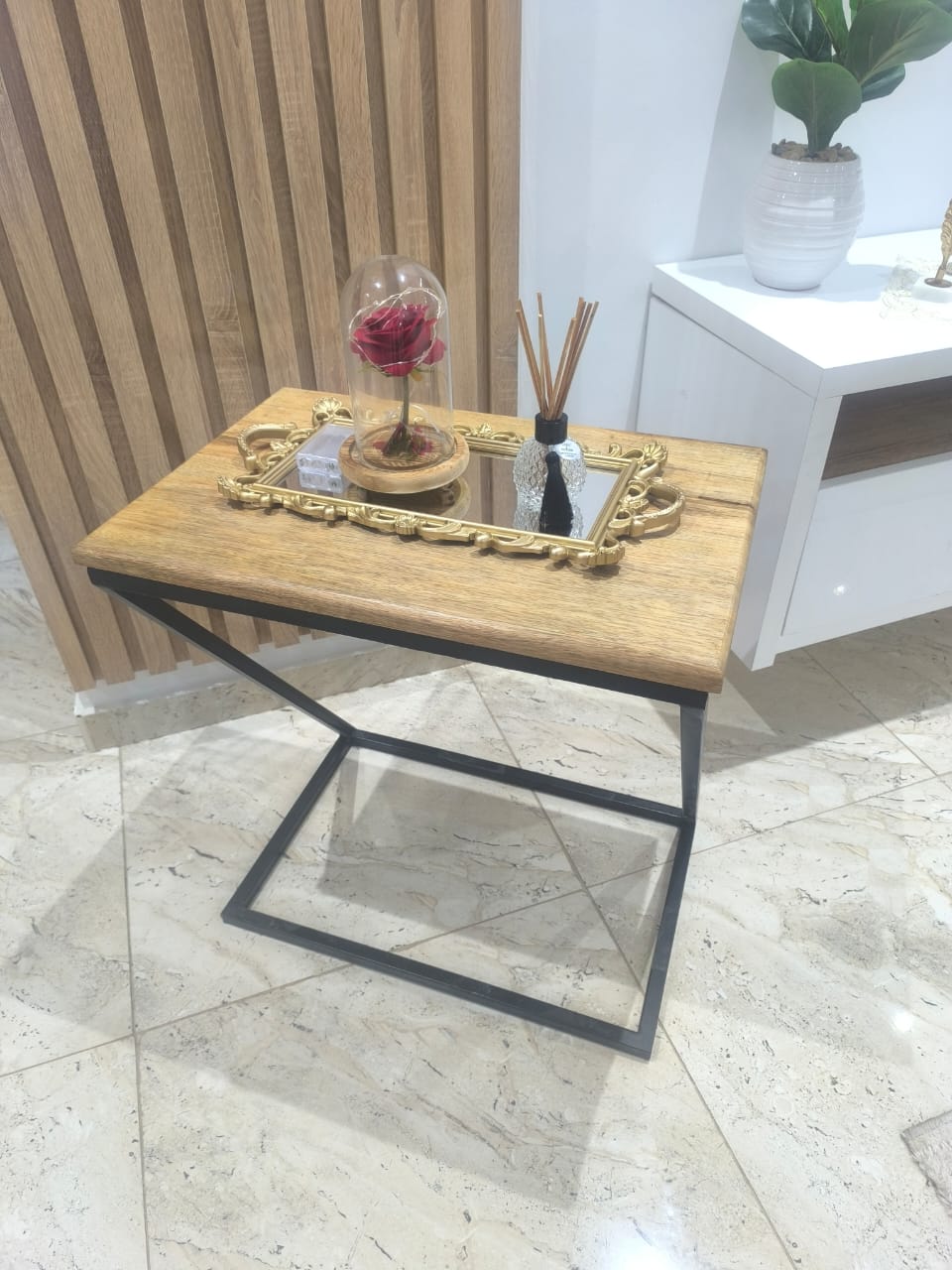 Table multitâche format Z – Bois noble & acier Blanc ou Noir (60 × 38 × 59cm)