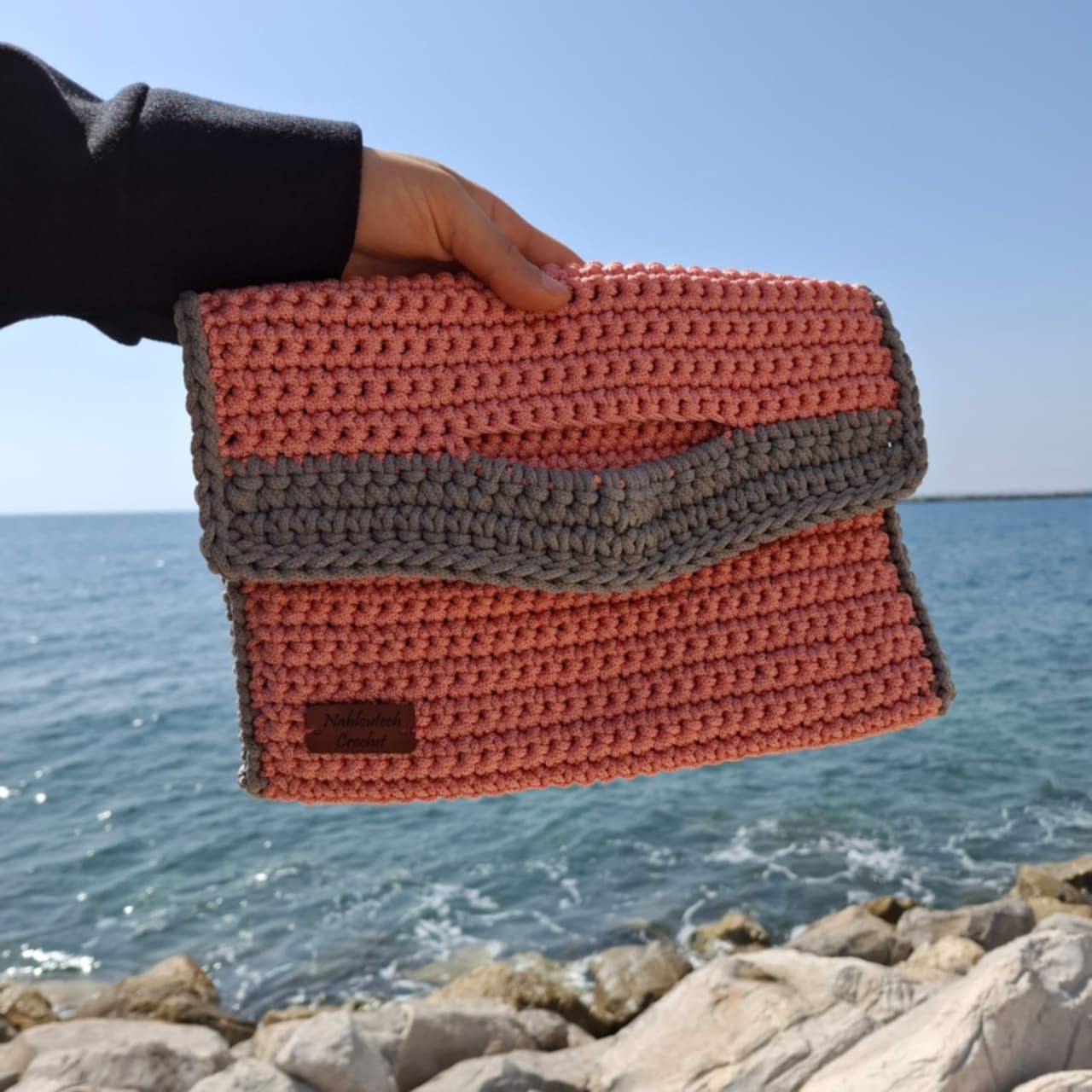 SAC au crochet rose avec touche gris fait à main très chic pour femme : fil macramé selsla