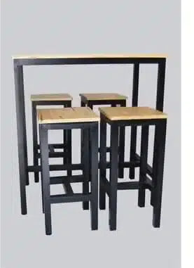 Table haute avec 4 tabourets Aluminium & bois