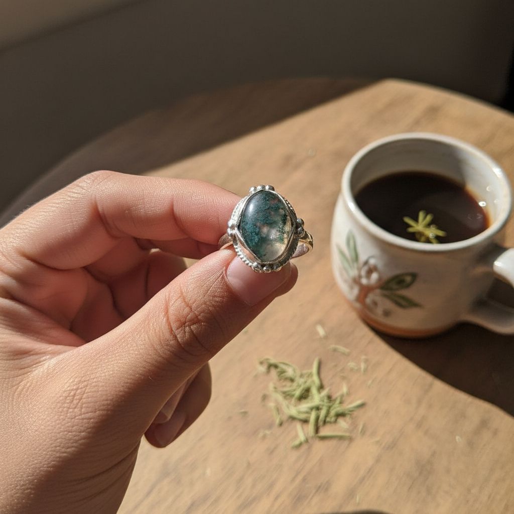 bague agate mousse argent 925 taille ajustable pour un style unique