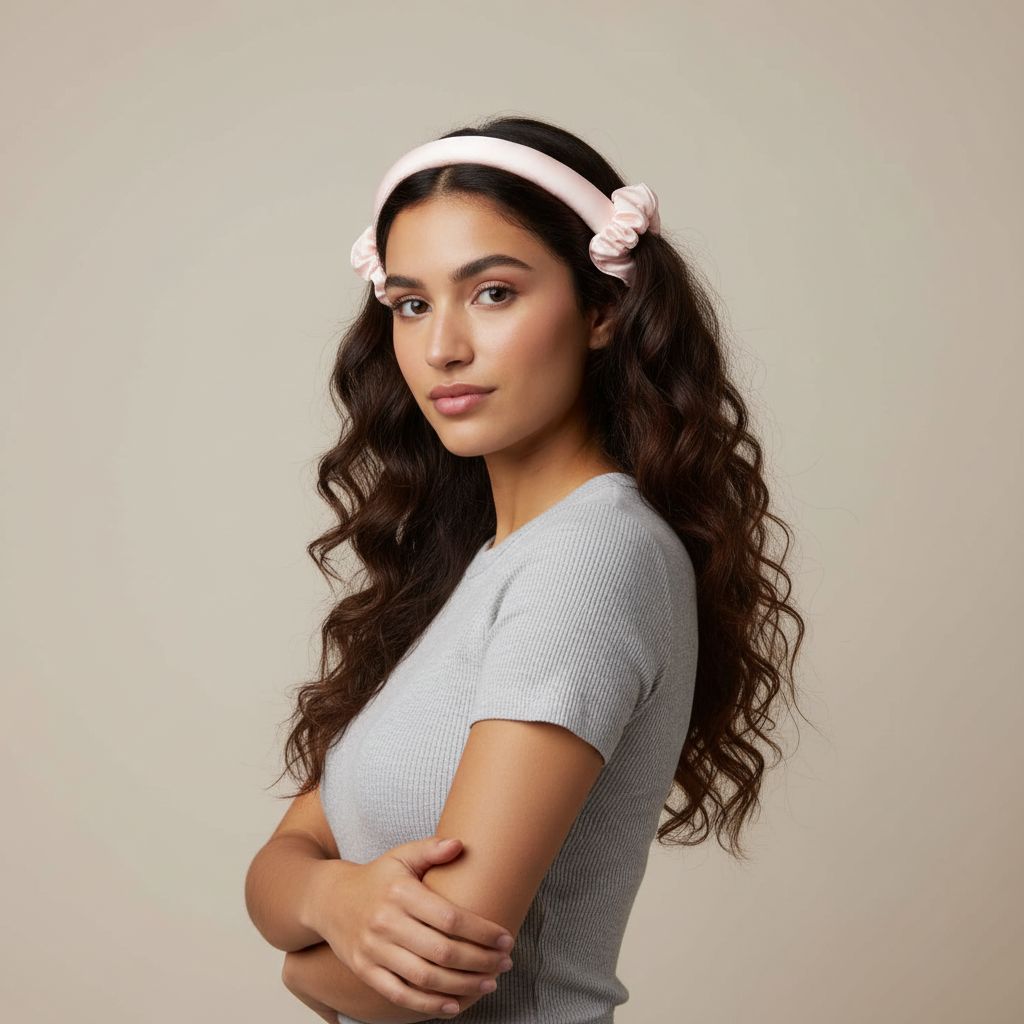 Bandeau satin pêche rosé bébé clair et scrunchies irrésistibles