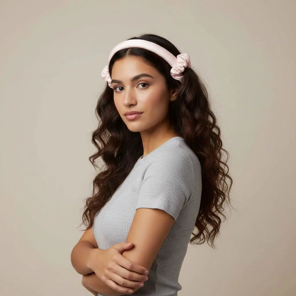 Bandeau satin pêche rosé bébé clair et scrunchies irrésistibles