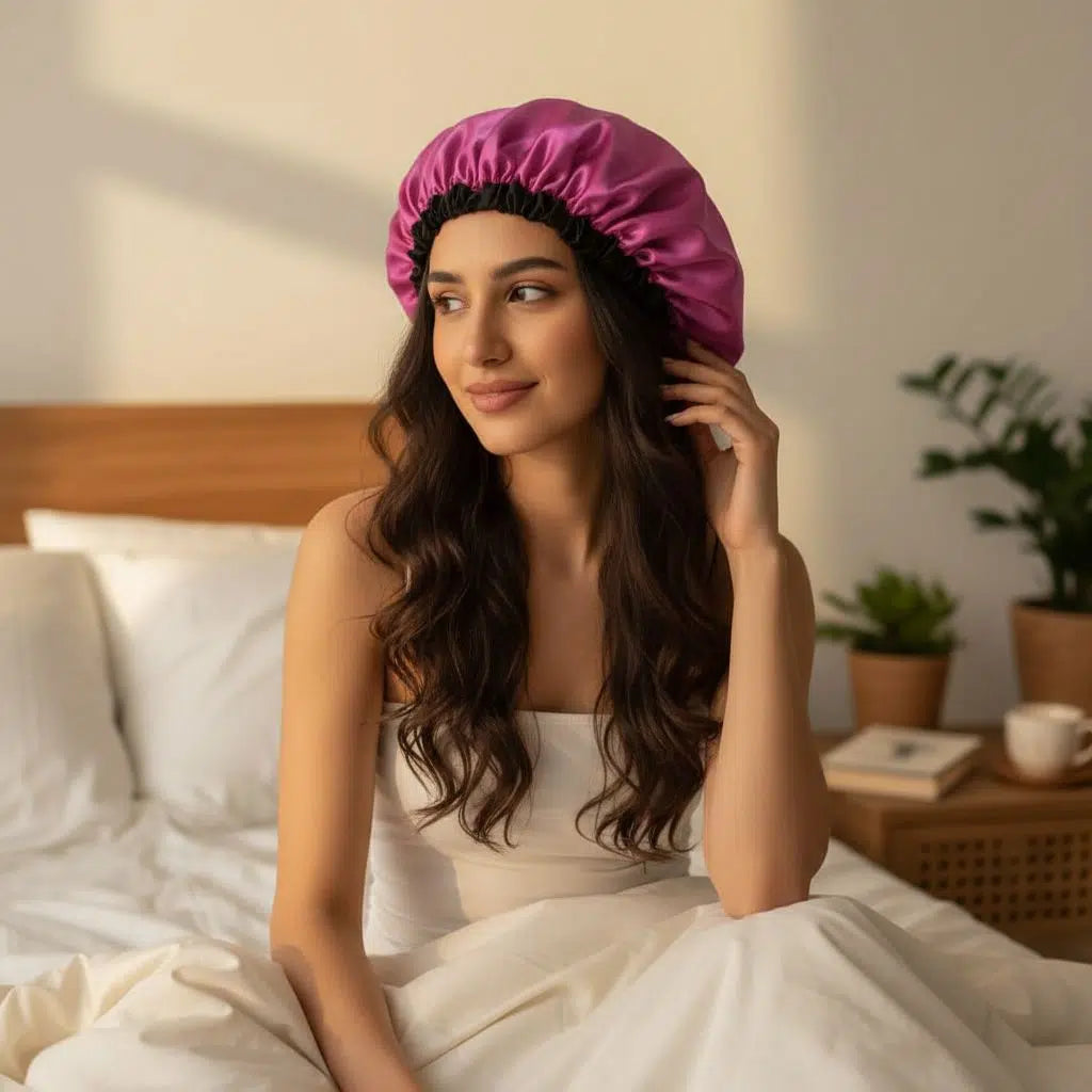 bonnet satin rose fushia réversible pour protéger vos cheveux