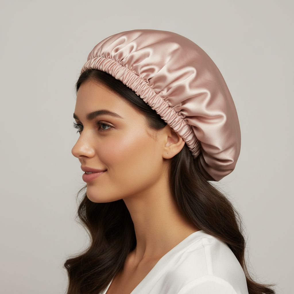bonnet satin peche rose bebe clair pour des cheveux protégés