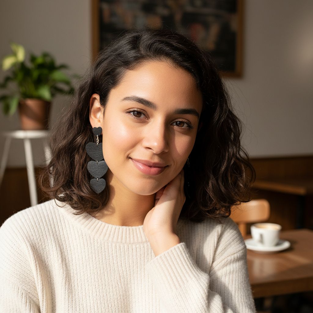 Boucles d'oreilles cuir gris métallisé coeurs tendance et chic