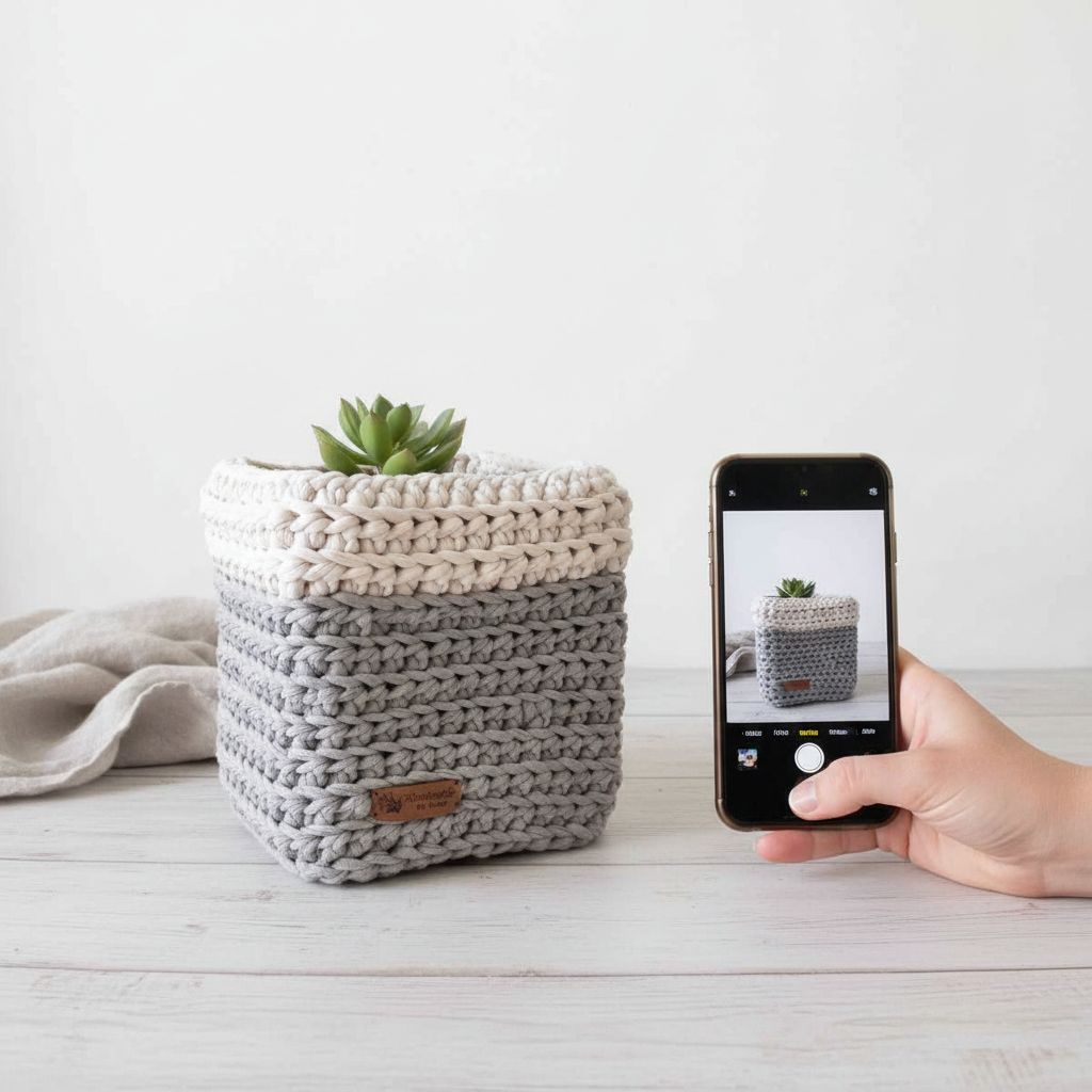 cache pot crochet tendance en gris ou blanc cassé 16x16x18 cm avec un pot en argile