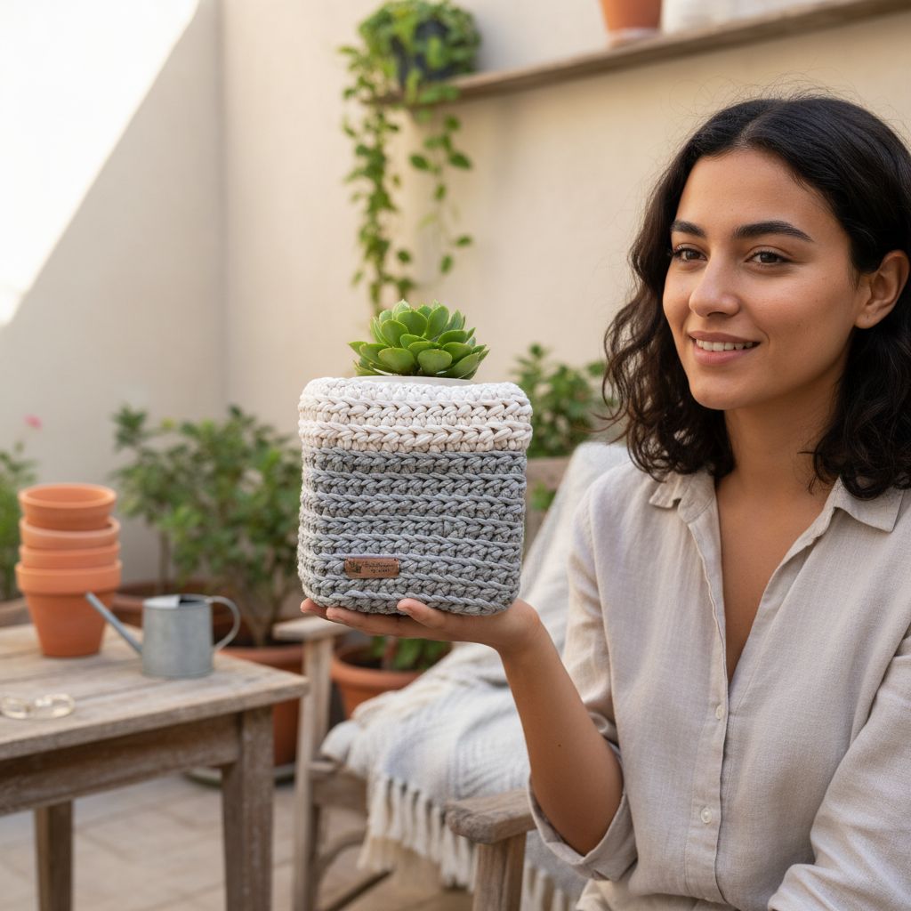 cache pot crochet tendance en gris ou blanc cassé 16x16x18 cm avec un pot en argile