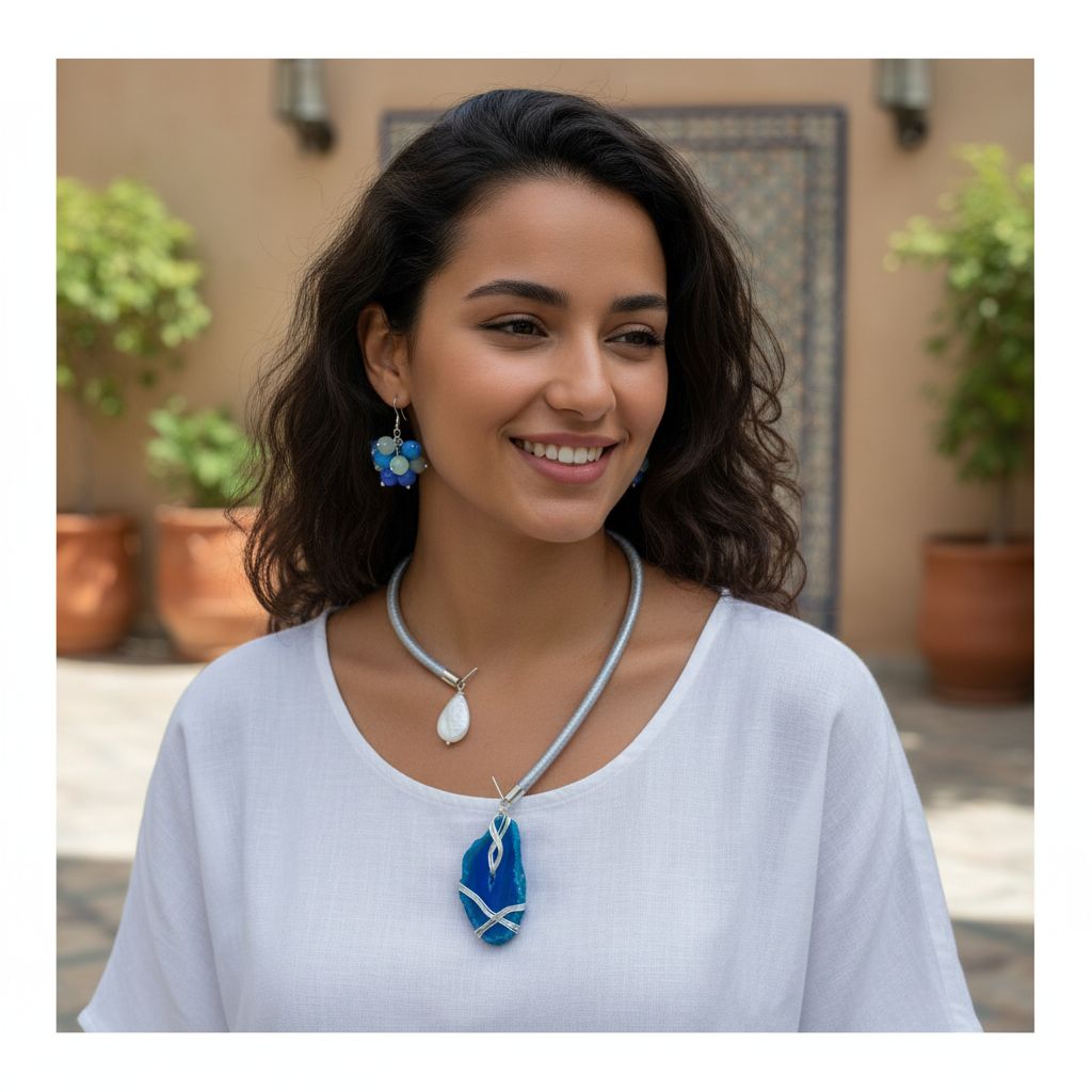 collier agathe bleu élégant avec nacre pour un style unique