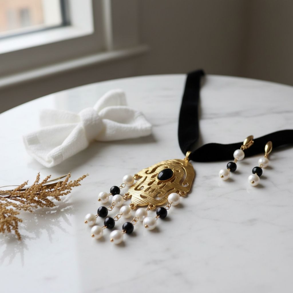 collier velours noir luxe avec khomsa en cuivre trompé dans l'or or 24K et pierres précieuses