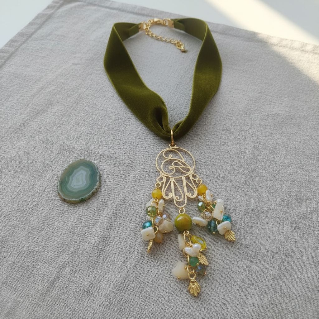 collier et ses boucles " khomsa" en velours kiwi perles dAgathe et cristal exclusif
