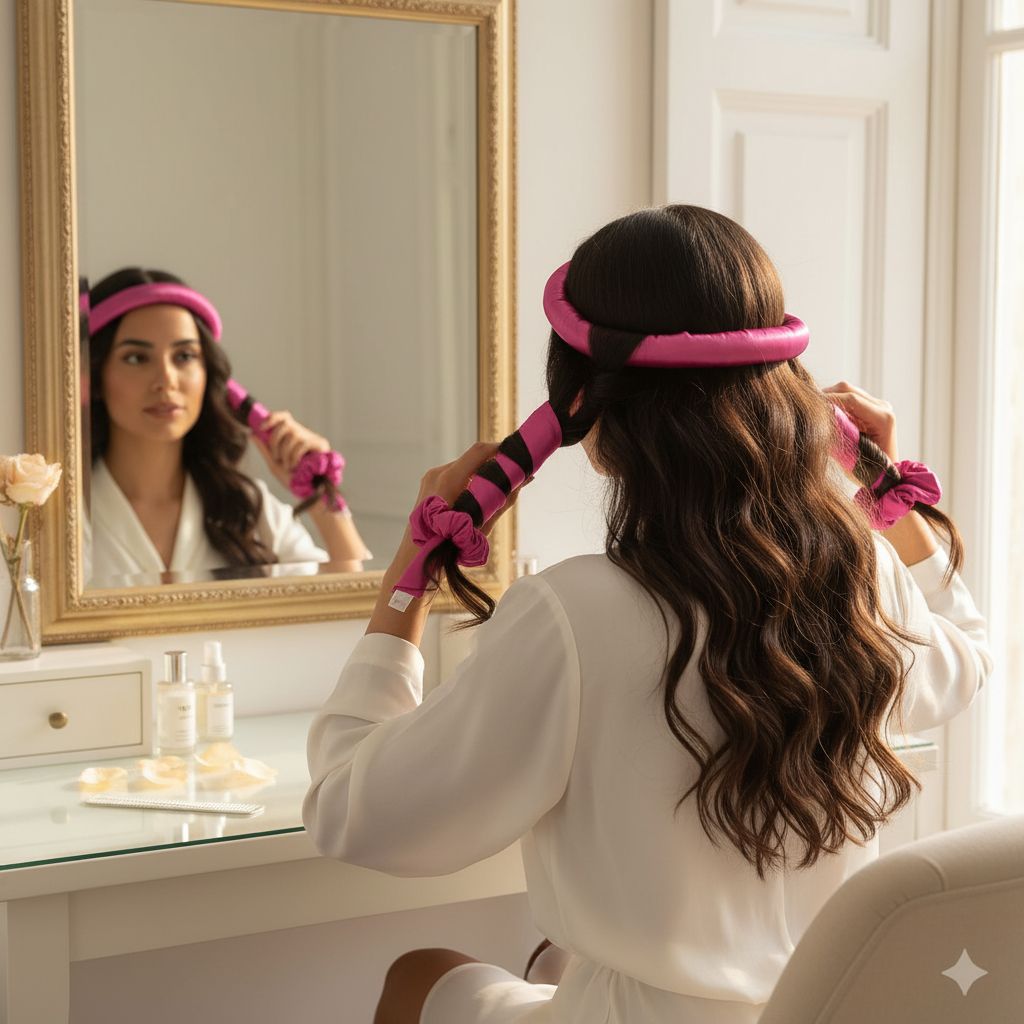 Bandeau Satin rose fushia & Scrunchies Anti-Frisottis