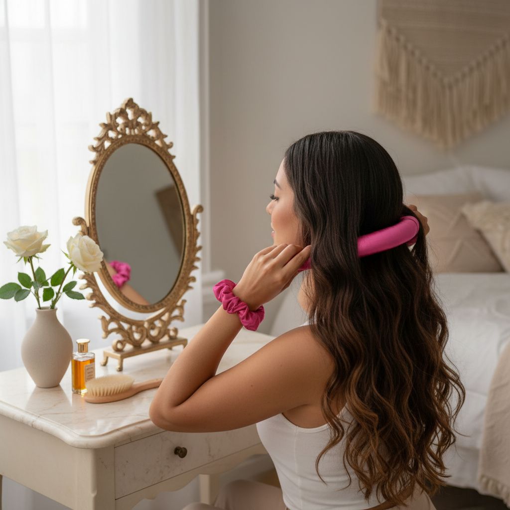 Bandeau Satin rose fushia & Scrunchies Anti-Frisottis